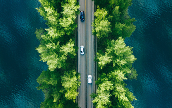 Aerial image of a bridge with trees either side and over a body of water with a few cars on the bridge